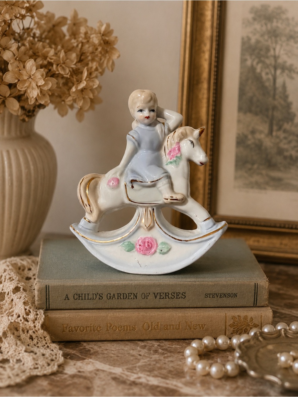 Vintage Porcelain Girl on Rocking Horse Figurine | Shabby Chic Nursery Decor